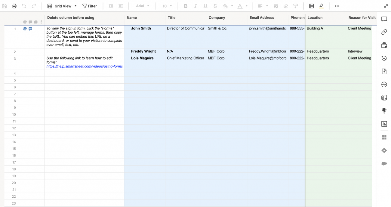 Visitor CheckIn Log with Form Template Smartsheet